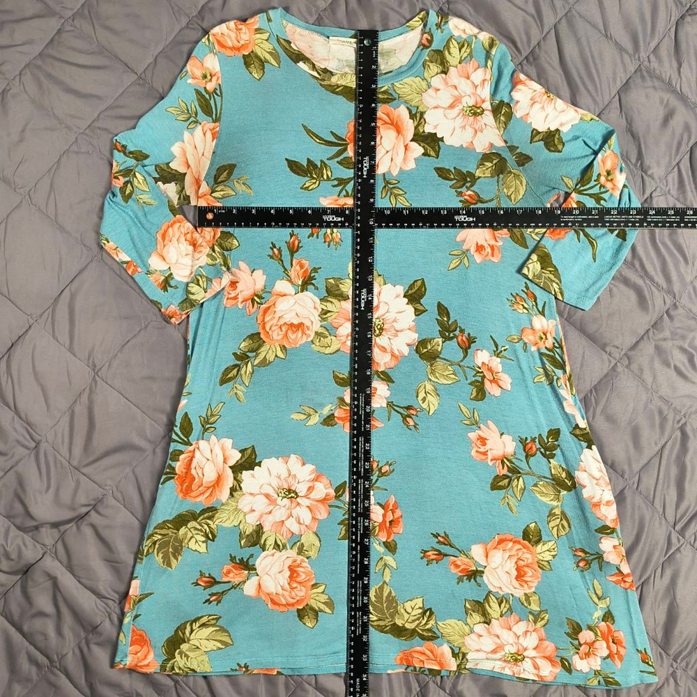 (M) Women's Promesa Blue Floral Print Three-quarter Sleeve Dress with Pockets - Picture 2 of 6